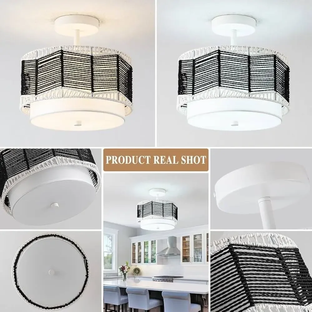 Tbaoinla - 3-light rattan ceiling lamp, black and white